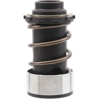 Close-up of a black cylindrical component with a coiled brown spring wrapped around it and a silver metal base.