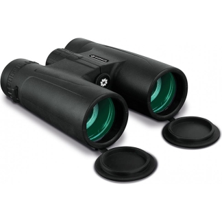 Black binoculars with green-tinted lenses and lens caps removed on a white background, ready for use.