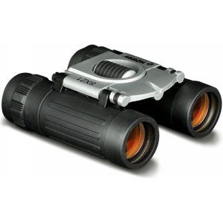 Compact black binoculars with orange-lensed eyepieces and a silver hinge, 8x28 model