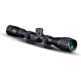 Black rifle scope with mounting rings and adjustment turrets on a white background