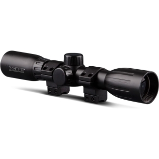 Black Konus riflescope with two mounting rings on a white background, showing objective and eyepiece ends