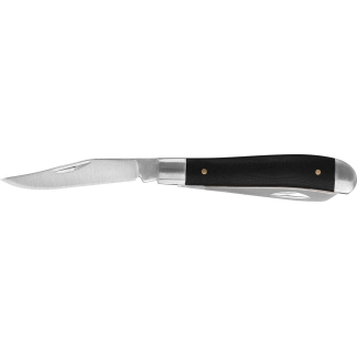 Open pocket knife with a black textured handle and stainless steel blade