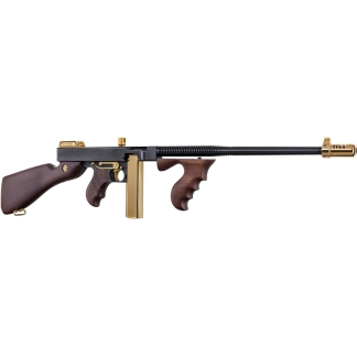 Gold-accented rifle with a wooden stock and long black barrel shown in profile from the left side.