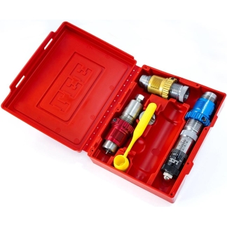 Red plastic case opened to reveal a hydraulic crimping tool kit with yellow handle and assorted metal adapters/fittings.