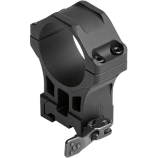 Black one-piece scope ring mount with mounting base and side clamp bolts for attaching a riflescope to a rail system