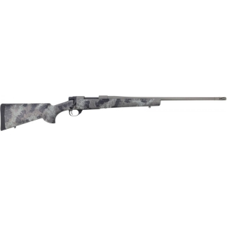 Camouflage-pattern bolt-action rifle shown from the left with a long barrel extending to the right.