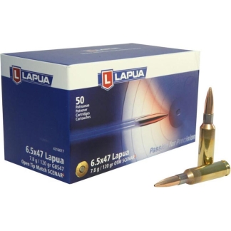 Box of Lapua 6.5x47 Lapua ammunition with two rifle bullets next to it, showing branding and cartridge details.