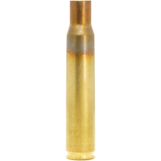 Brass rifle cartridge standing upright on a white background