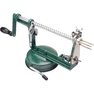 Green manual sausage stuffer with hand crank, auger tube, and multiple stuffing tips mounted on a suction-base stand.