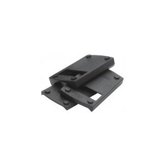 Two black metal mounting brackets with multiple screw holes, stacked on a white background.