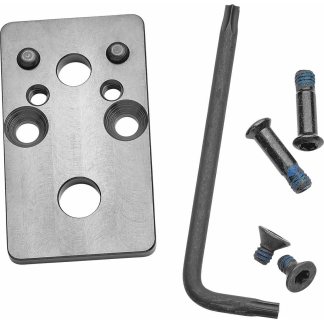 Hardware mounting kit: rectangular plate with multiple threaded holes, plus an L-shaped rod and four bolts/nuts.