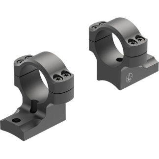 Pair of gray scope ring mounts on a flat base, used to hold a rifle scope in place