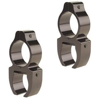 Pair of dark metal rifle scope rings with clamp screws