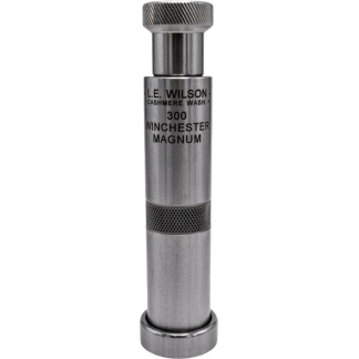 Metal precision reloading tool labeled 'L.E. Wilson 300 Winchester Magnum' with knurled ends and a cylindrical body