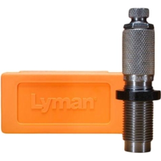 Orange Lyman case with a metal reloading die attached; a component of a firearm ammunition reloading tool set.