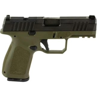 Side view of an olive-drab semi-automatic pistol with a black slide and textured grip framed by a trigger guard and rail.