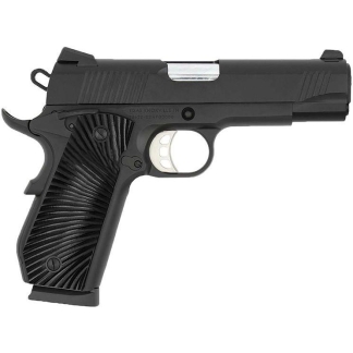 Black semi-automatic handgun with textured grip facing left, isolated on white background.