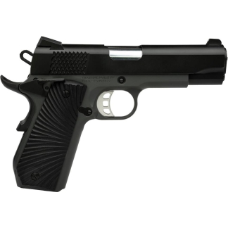 Semi-automatic pistol shown in a right-side profile with a textured grip and black slide edge.
