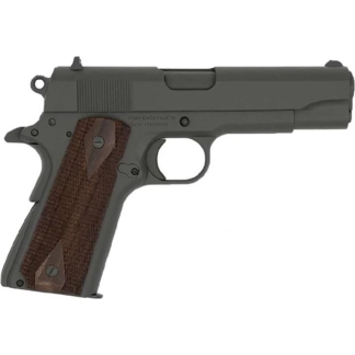 Side view of a gray 1911-style semi-automatic pistol with brown wood grip panels.
