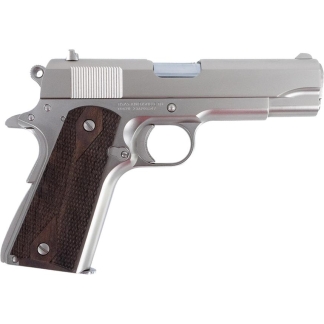 Side view of a silver semi-automatic pistol with dark wooden grip panels.