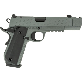 Side view of a gray semi-automatic pistol with black grip and accessory rail, labeled 'NIGHT STALKER'