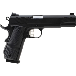 Side view of a black semi-automatic pistol with a textured grip and exposed trigger guard, shown against a white background (informative product image).