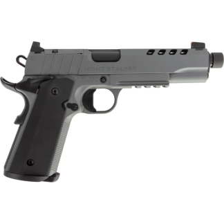 Side view of a gray semi-automatic pistol with a black textured grip and the word 'NIGHT STALKER' on the slide, shown against a white background