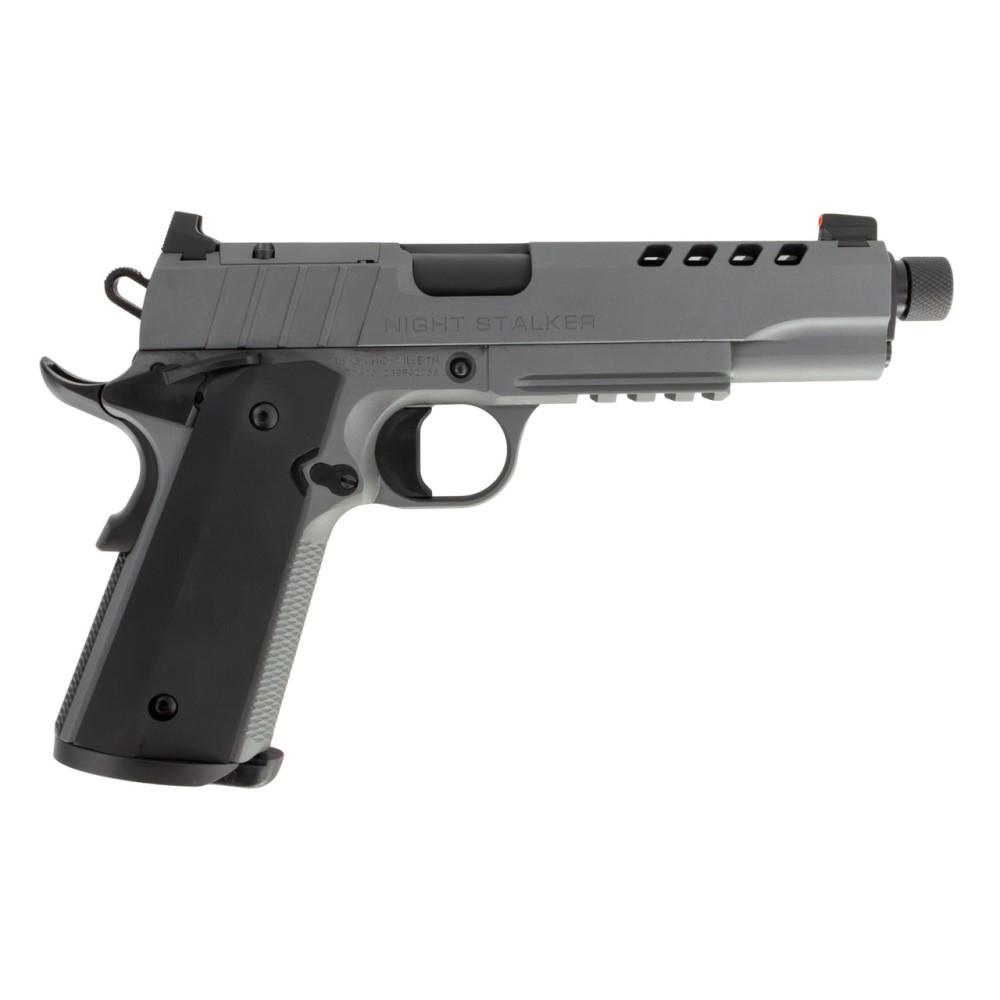 https3A2F2Fmediachattanoogashootingcom2Fimages2Fproduct2FMS101005582FSD10100558-1 | ATFirearms Side view of a gray semi-automatic pistol with a black textured grip and the word 'NIGHT STALKER' on the slide, shown against a white background