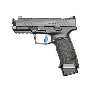 Right-side view of a compact semi-automatic handgun with a textured grip, blue trigger, and an extended magazine against a white background.