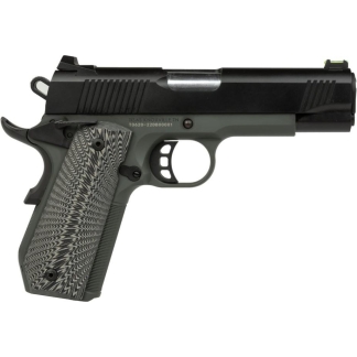 Side view of a black semi-automatic pistol with a gray frame and textured chevron grip on a white background of the product photo.