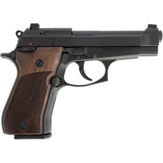 Semi-automatic pistol in profile with a dark metal finish and brown wooden grip.