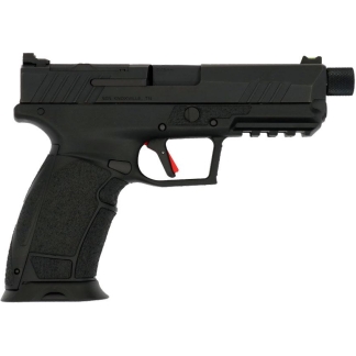 Side view of a black semi-automatic pistol with a textured grip and red trigger safety visible under the trigger guard.
