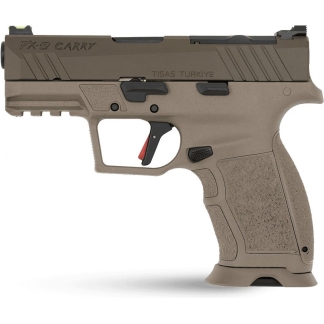 Tan, semi-automatic pistol shown in side profile (PX-9 Carry) with textured grip and red trigger safety.