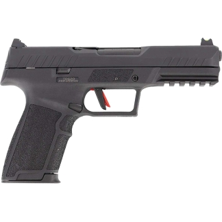 Side view of a black semi-automatic pistol with a textured grip, rail under the barrel, and a red trigger safety point indicating readiness to fire/incidental detail.
