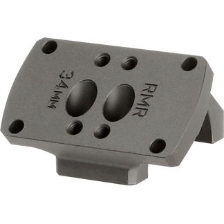 Gray RMR mounting plate with screw holes and two oval recesses for attaching an optic to a firearm rail system