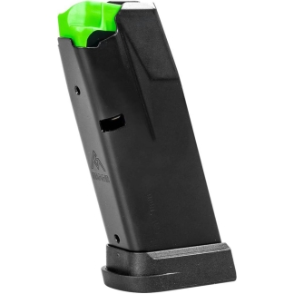 Black pistol magazine with a bright green follower, angled upright on a base.