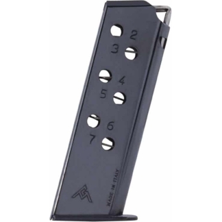 Gray handgun magazine with capacity numbers 2 through 7, standing upright at an angle.