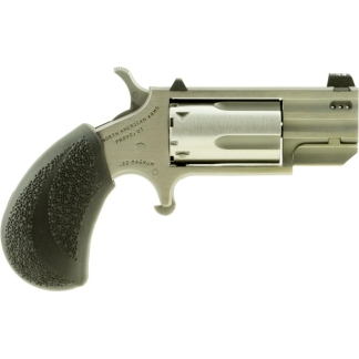 Left-side view of a stainless steel revolver with a textured black grip, chambered in .22 Magnum.