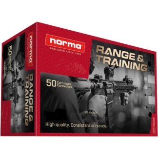 Red Norma Range & Training box packaging showing a rifle image and '50 Cartridges' text, for training ammunition.