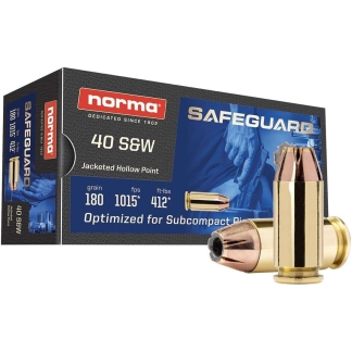 Norma Safeguard 40 S&W jacketed hollow point ammunition box with two bullets in front.