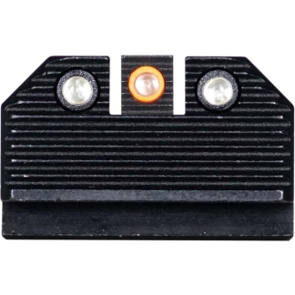 Small black electronic module with three circular contacts on top (left and right silver, center orange) and a ridged body; likely a sensor/connector component with three pins.