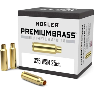 Box of Nosler Premium Brass ammunition with golden brass cartridges beside it; labeled 325 WSM 25ct on the box.
