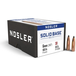 Nosler Solid Base bullets box with two copper bullets beside it.