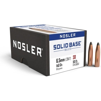 Box of Nosler Solid Base Bullets with two copper-colored bullets beside it; shows 6.5mm (.264) 140-gr solid base bullets, 50 ct. P/N 38052.