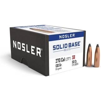 Nosler Solid Base bullets box with two copper rifle bullets beside it, dark side label says NOSLER and SOLID BASE BULLETS (270 Cal).