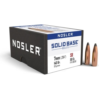 Box of Nosler Solid Base bullets with two copper-colored bullets beside it; label shows 7mm (.284) 140 gr and SB