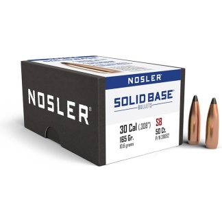 Nosler Solid Base bullets box with two copper bullets beside it on a white background