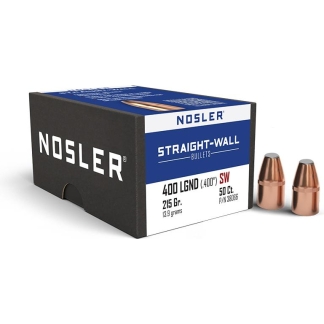 Nosler box labeled 'Straight-Wall Bullets' with two copper bullets beside it.