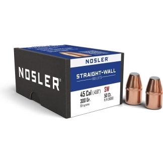 Box of Nosler Straight-Wall bullets with two copper bullets beside it; label reads 45 Cal (.458) 300 gr