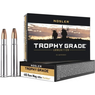 Nosler Trophy Grade ammunition box with two rifle bullets standing upright beside it. Box label reads 416 Rem Mag 400gr Partition.